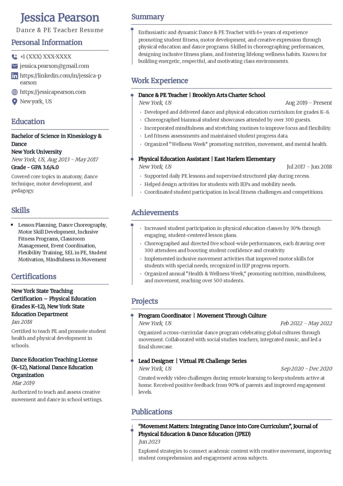 Dance & PE Teacher Resume Template
