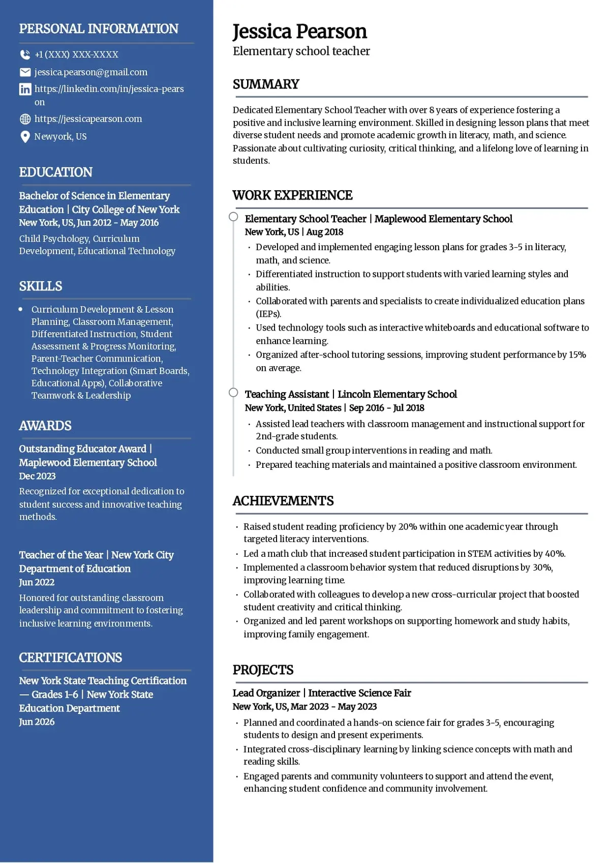 Elementary School Teacher Resume Template