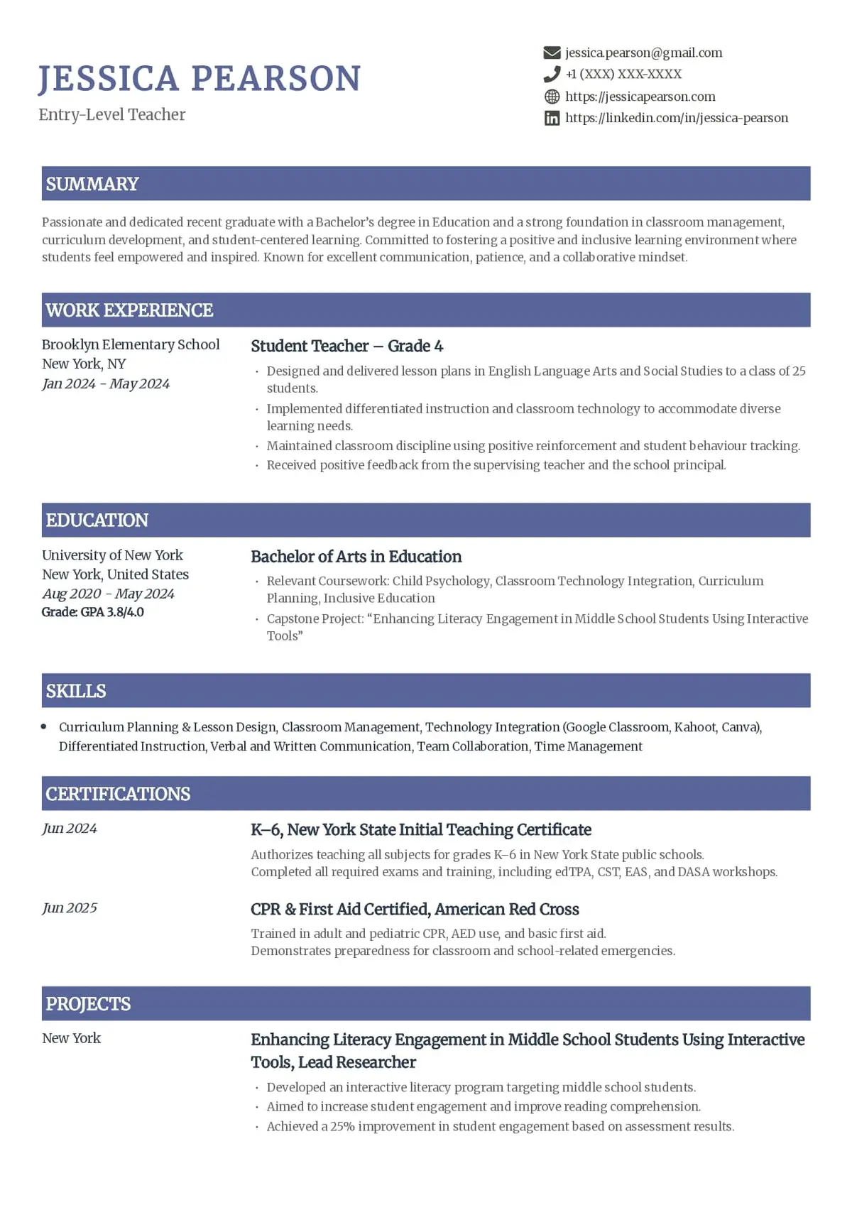 Entry-Level Teacher Resume Template