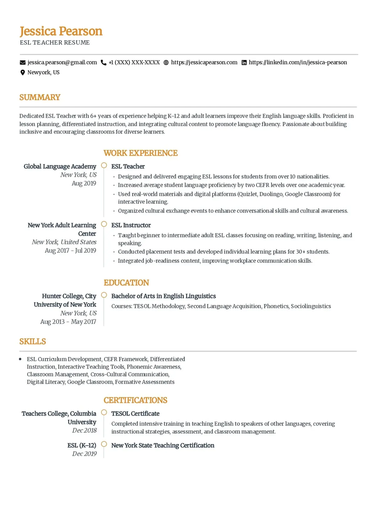 ESL Teacher Resume Template