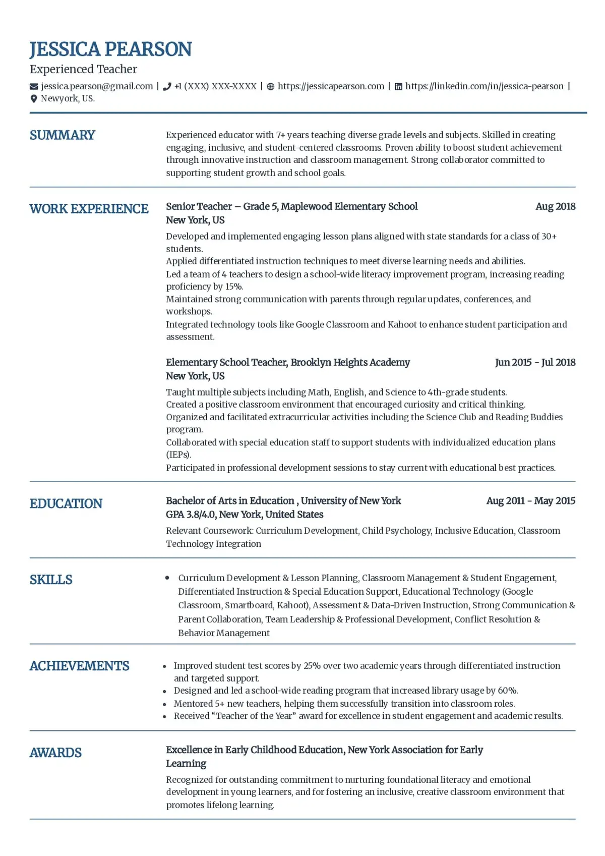 Experienced Teacher Resume Template