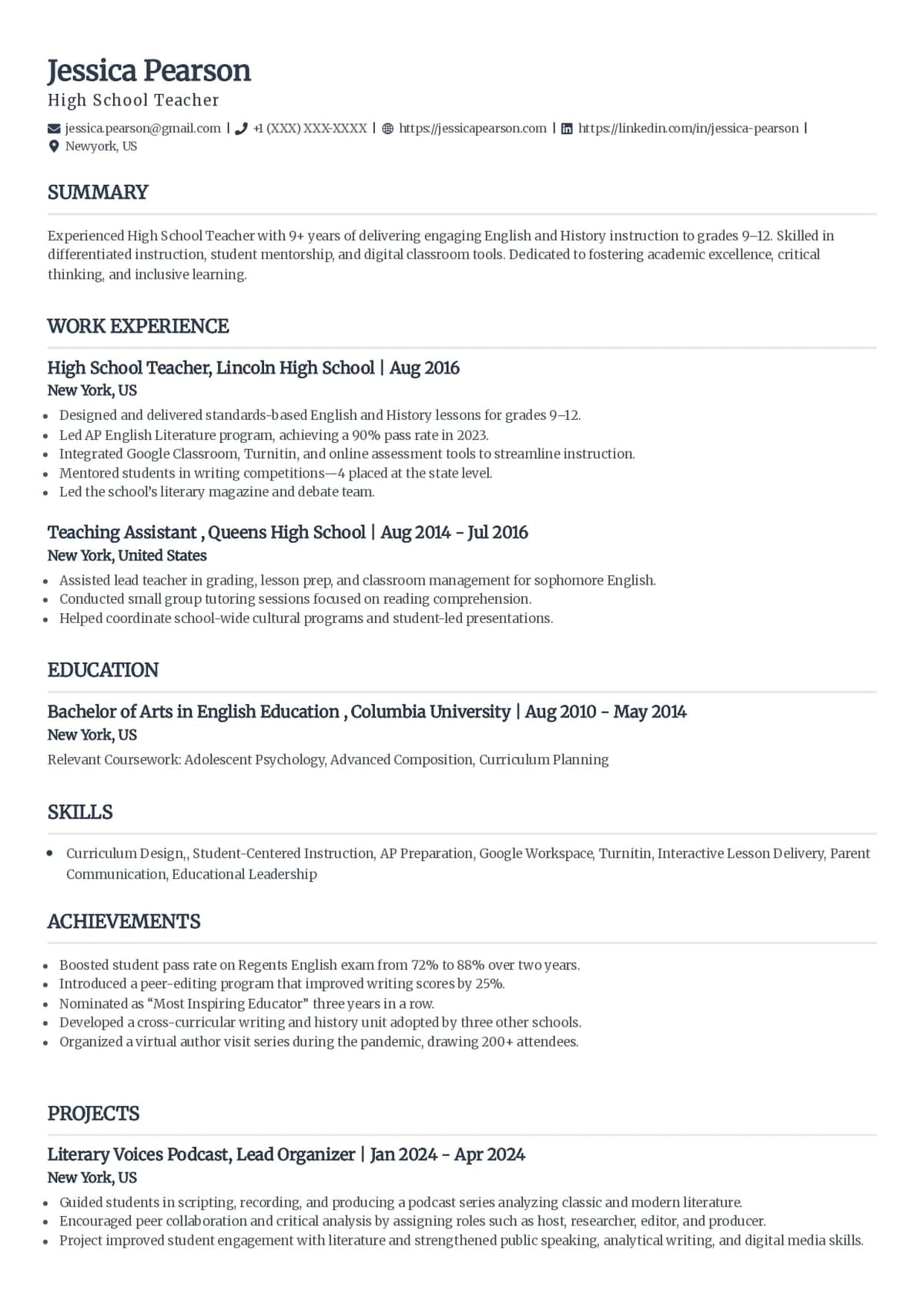High School Teacher Resume Template
