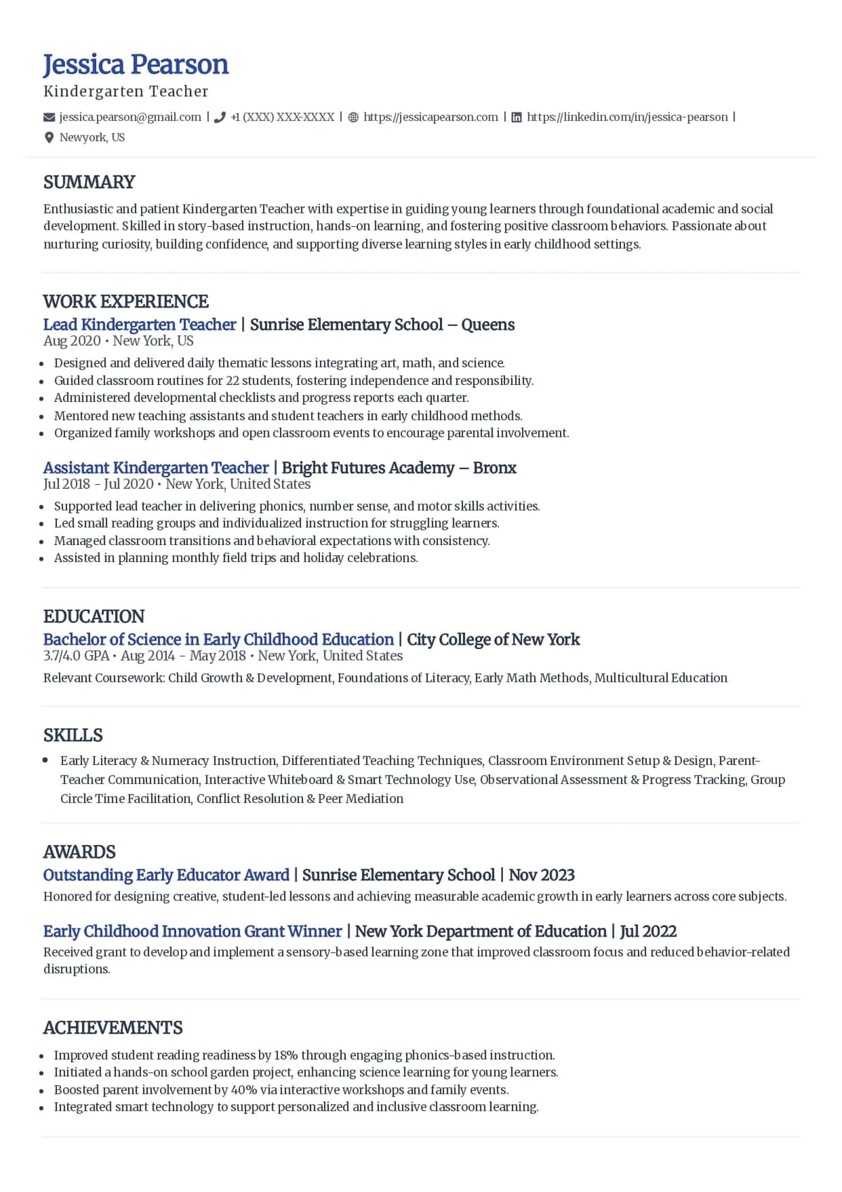 Kindergarten Teacher Resume Template