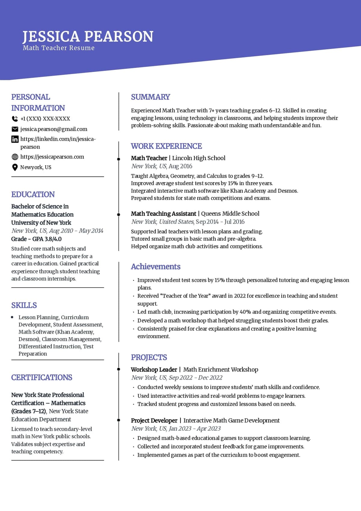Math Teacher Resume Template