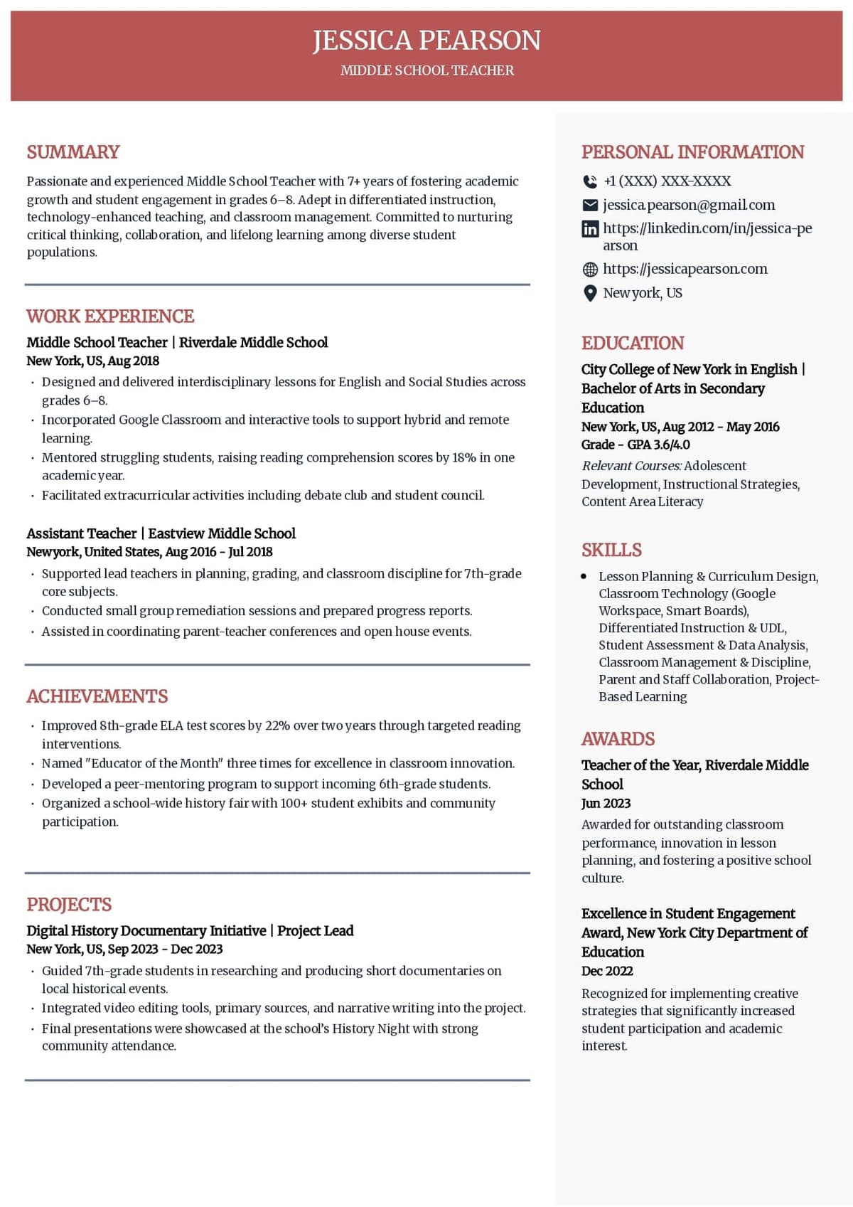 Middle School Teacher Resume Template