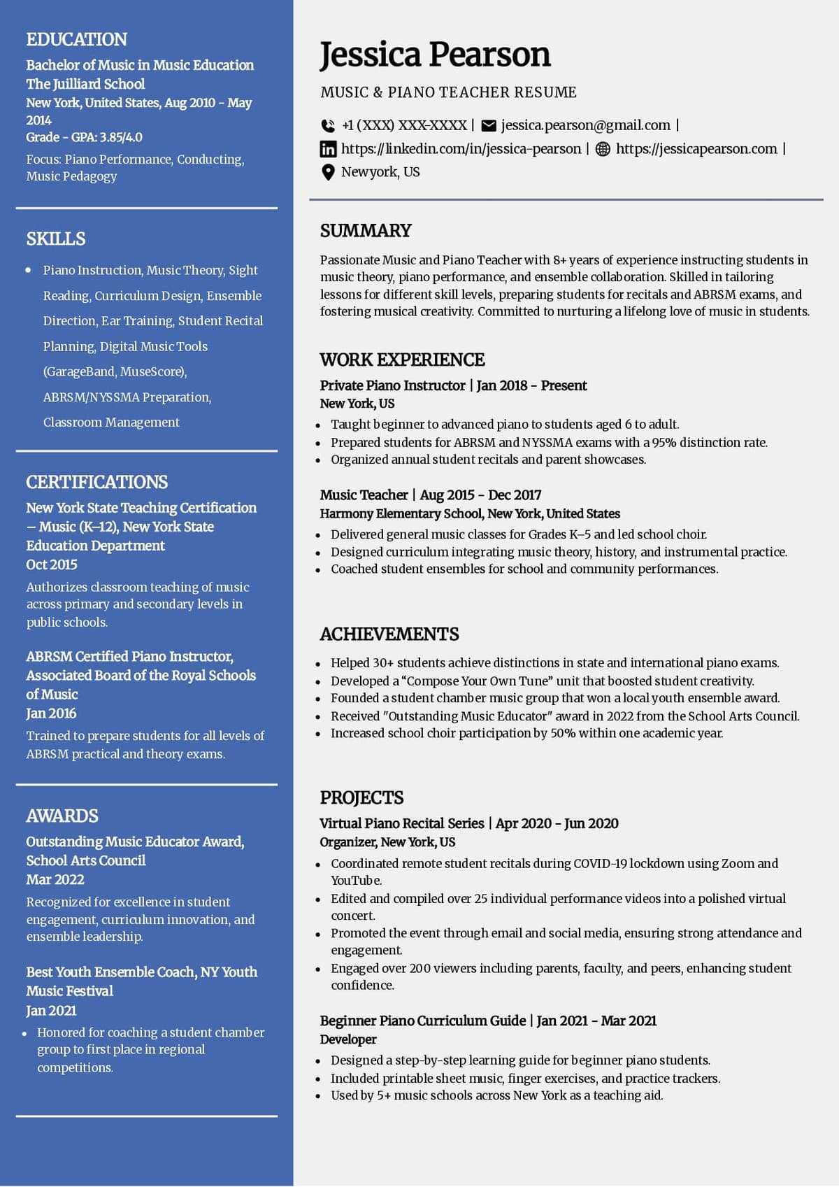 Music & Piano Teacher Resume Template