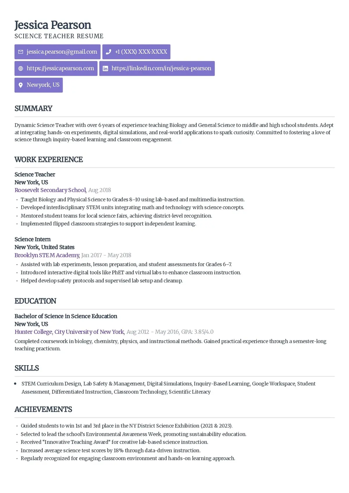Science Teacher Resume Template