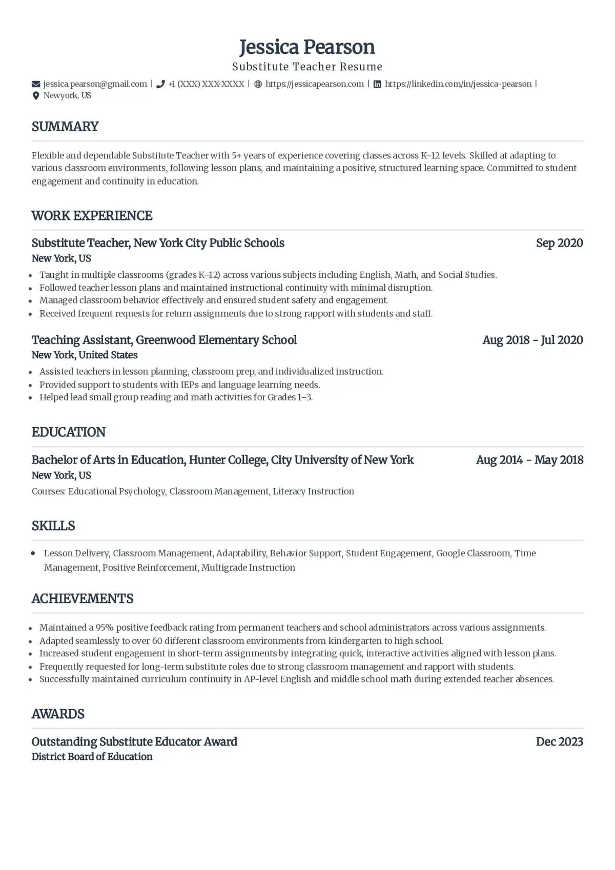 Substitute Teacher Resume Template