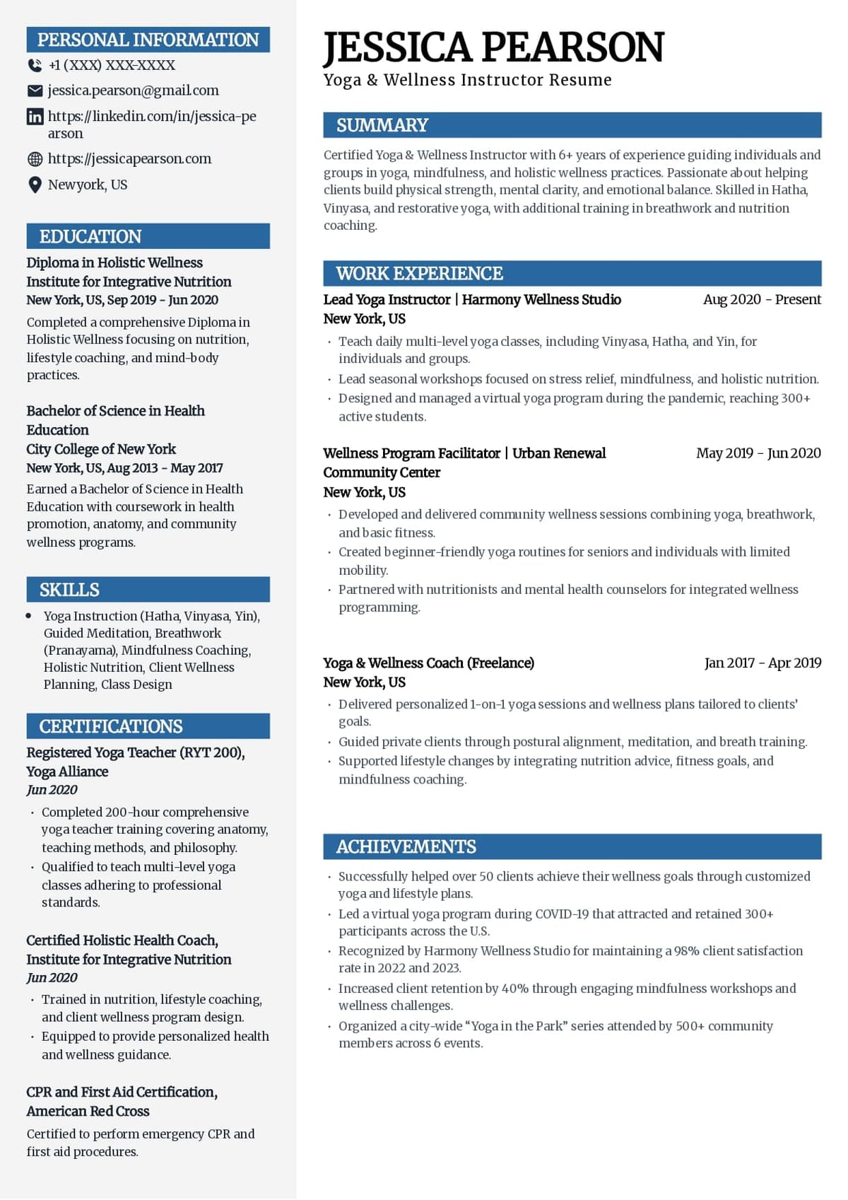 Yoga & Wellness Instructor Resume Template